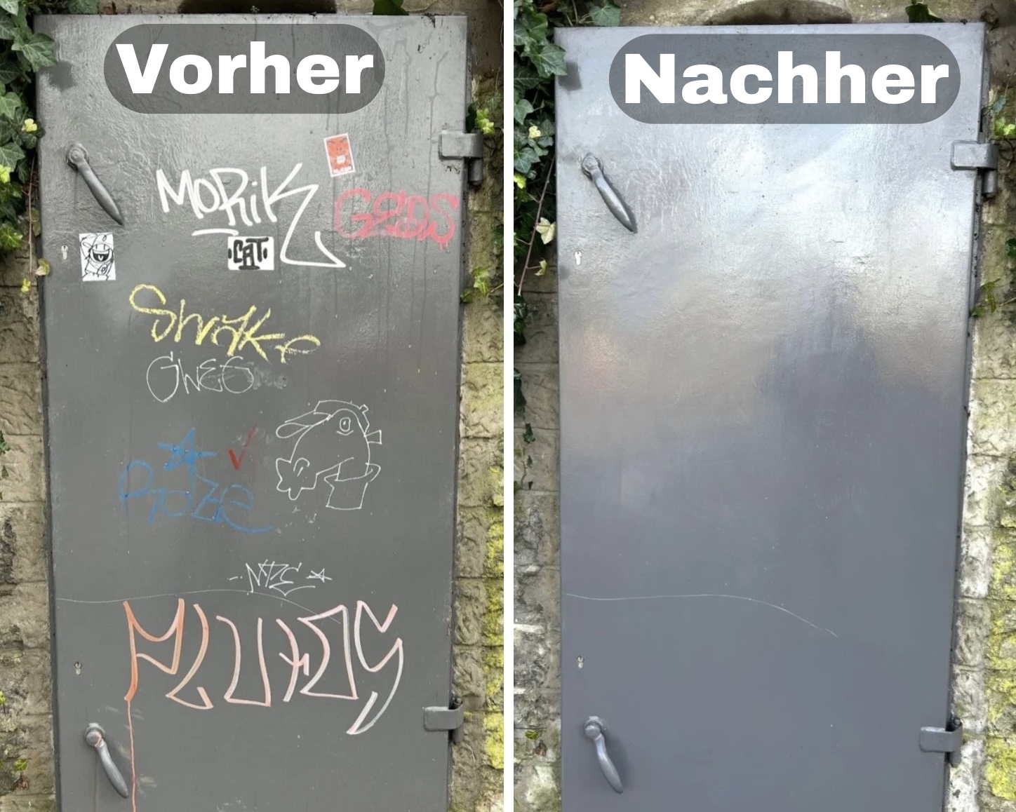 Vorher-Nachher-Beispiel einer Graffiti- und Stickerentfernung durch Laserreinigung